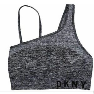 DKNY Asymmetrical Shoulder Logo Print Low-Impact Sports Bra (Heather Grey,Large)